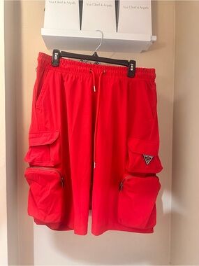 Men's Red Cargo Shorts with Multi-Pocket Utility